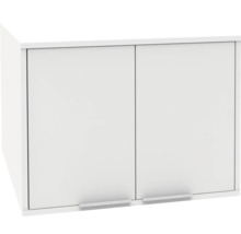 Weißer Hängeschrank mit zwei Türen und silbernen Griffen an der Unterseite.