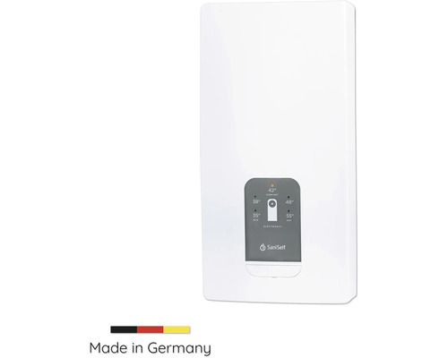 Chauffe-eau instantané électronique SaniSelf avec réglages de température, fabriqué en Allemagne.