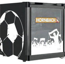 Mini-réfrigérateur avec motif de football, porte vitrée avec graphisme de supporters et Hornbach Logo.