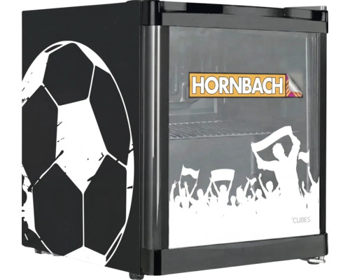Mini-réfrigérateur avec motif de football, porte vitrée avec graphisme de supporters et Hornbach Logo.
