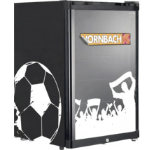 Mini-réfrigérateur verrouillable, design de football, ballon de football sur le côté et supporters sur la porte vitrée. Hornbach Logo.