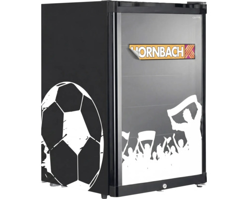 Mini-réfrigérateur verrouillable, design de football, ballon de football sur le côté et supporters sur la porte vitrée. Hornbach Logo.