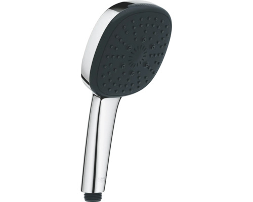 Grohe Handbrause mit verchromtem Gehäuse, dunkelgrauer Strahlscheibe und stoßfestem Ring.