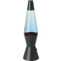 Lampe à lave avec socle noir, eau bleue et cire rouge.