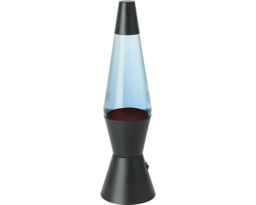 Lampe à lave avec socle noir, eau bleue et cire rouge.