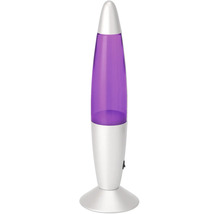 Lampe à lave en forme de fusée avec pied argenté et liquide violet.