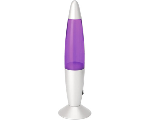 Lampe à lave en forme de fusée avec pied argenté et liquide violet.