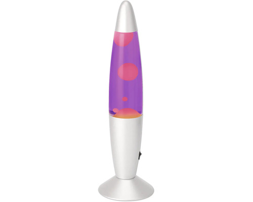 Lampe à lave en forme de fusée avec socle et couvercle argentés, remplie de liquide violet et de cire rose.
