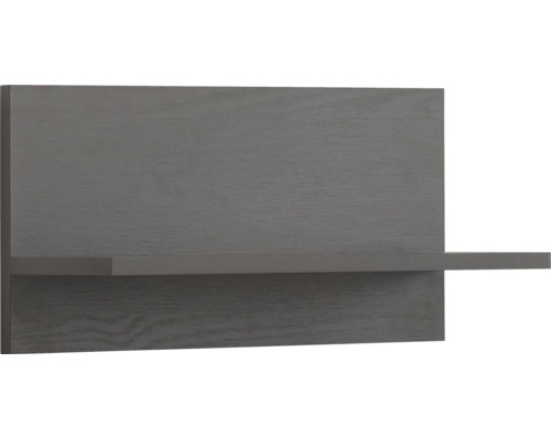 Tablette murale avec structure en bois en gris foncé, composée d'une étagère et d'une paroi arrière.
