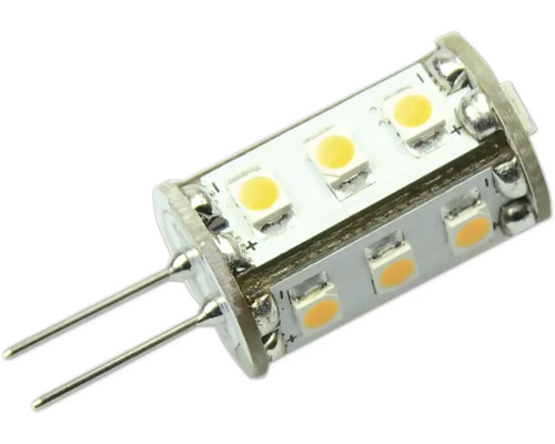 Ampoule LED avec culot G4 et plusieurs puces LED sur un corps cylindrique.