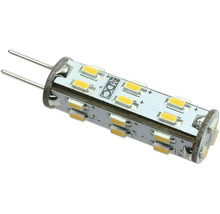 Ampoule LED G4 à broches pour courant continu avec puces LED jaunes et deux broches métalliques.