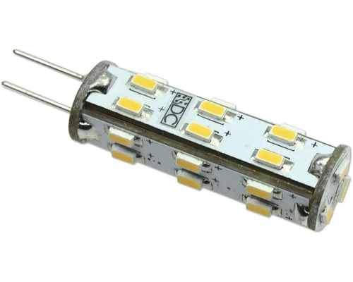 Ampoule LED G4 à broches pour courant continu avec puces LED jaunes et deux broches métalliques.