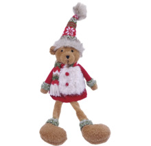 Ours en peluche de Noël avec bonnet tricoté, écharpe et manteau rouge, figurine en peluche pour décoration de Noël.