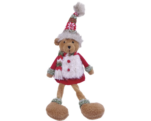 Ours en peluche de Noël avec bonnet tricoté, écharpe et manteau rouge, figurine en peluche pour décoration de Noël.