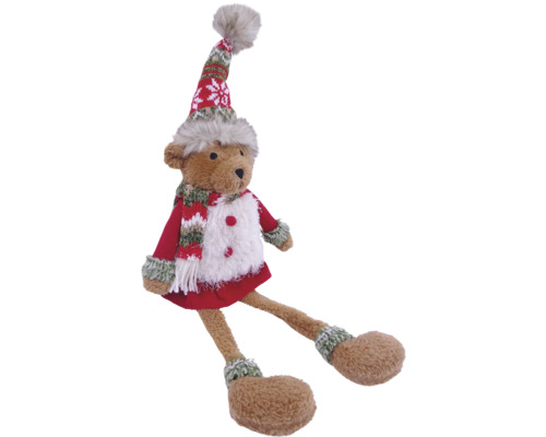 Ours en peluche assis en tenue d'hiver avec bonnet pointu, écharpe et robe rouge.