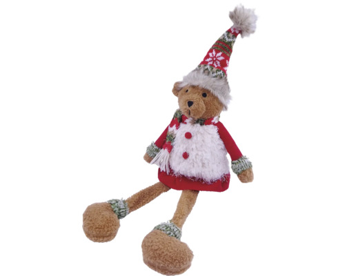 Ours en peluche de Noël avec bonnet pointu, écharpe et pull rouge.
