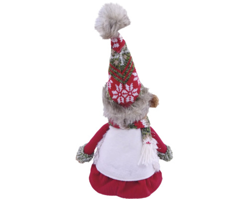 Figurine de décoration de Noël avec bonnet tricoté rouge et vert, écharpe et vêtement blanc avec fausse fourrure.