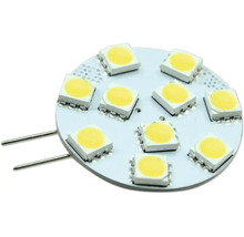Ampoule LED G4 en forme de disque rond avec dix puces LED individuelles et broches de connexion latérales.