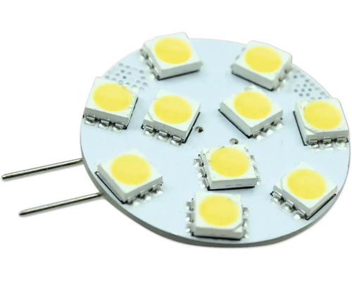 G4 LED Leuchtmittel in runder Scheibenform mit zehn einzelnen LED Chips und seitlichen Anschlussstiften.