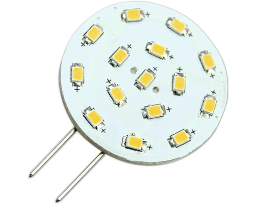 Ampoule LED avec culot G4 et plusieurs puces LED sur un circuit imprimé circulaire.