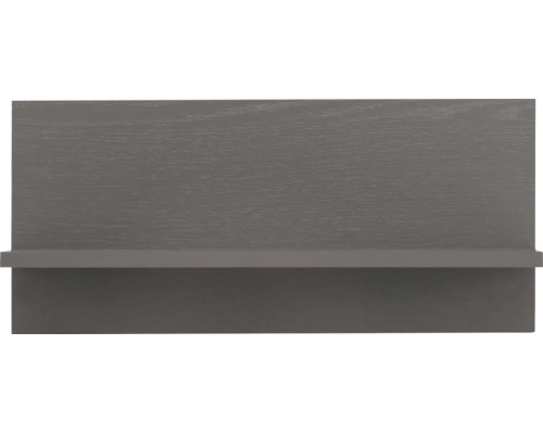 Étagère murale en bois gris foncé avec panneau arrière et bord de pose étroit.