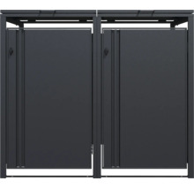 Cache-poubelle double en métal de couleur anthracite avec portes et couvercles rabattables.