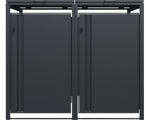 Cache-poubelle double en métal de couleur anthracite avec portes et couvercles rabattables.