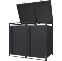 Cache-poubelle double en métal anthracite avec deux couvercles relevables ouverts et deux portes frontales fermées.