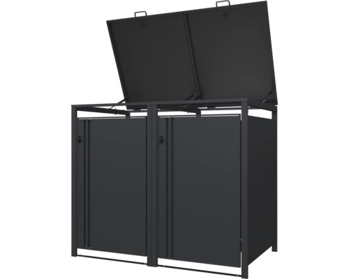 Cache-poubelle double en métal anthracite avec deux couvercles relevables ouverts et deux portes frontales fermées.