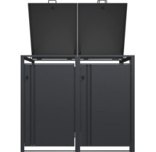Cache-poubelle gris anthracite en métal pour deux poubelles avec deux portes et deux couvercles ouverts.