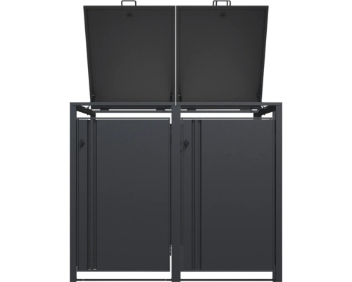 Cache-poubelle gris anthracite en métal pour deux poubelles avec deux portes et deux couvercles ouverts.