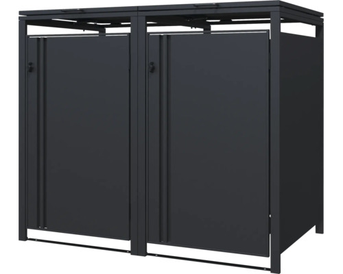 Cache-poubelle double en métal pour deux poubelles en anthracite.