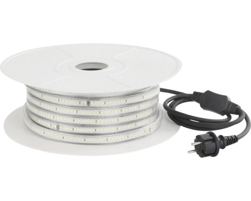 Ruban lumineux à LED sur bobine blanche avec câble d'alimentation noir et fiche.