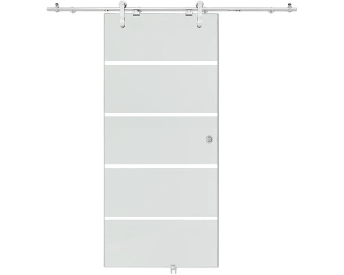 Ganzglas-Schiebetür mit horizontalen Streifen, inklusive Edelstahlschiene und rundem Muschelgriff.