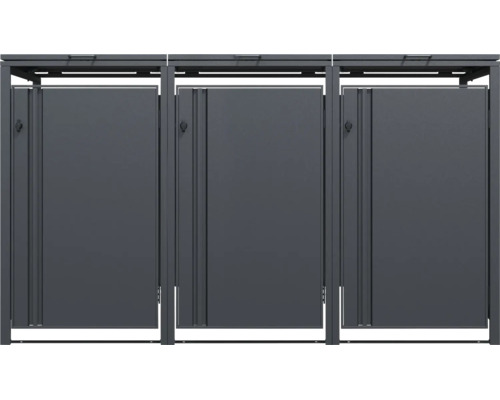 Cache-poubelle triple en métal pour trois poubelles.