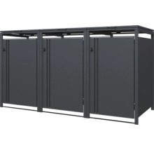 Cache-poubelle triple en métal anthracite avec trois portes et couvercles rabattables.