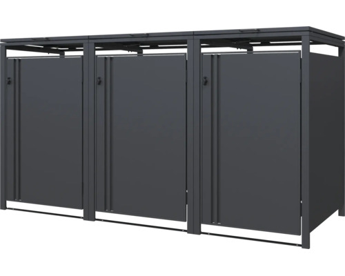 Cache-poubelle triple en métal anthracite avec trois portes et couvercles rabattables.