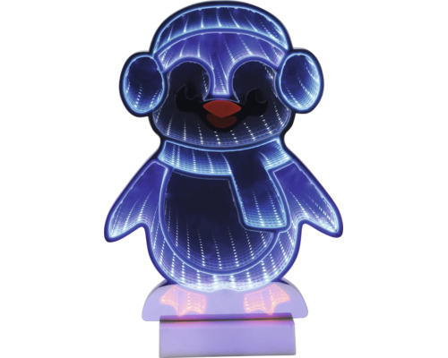 Pingouin LED avec effet miroir infini, bonnet et écharpe, éclairage bleu.