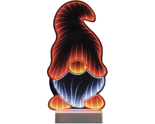 Lampe décorative LED en forme de gnome avec effet d'infini 3D sur un socle.