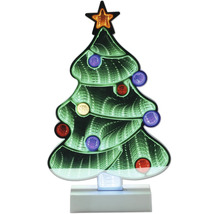 Lampe LED sapin de Noël avec effet miroir infini, étoile au sommet et boules lumineuses colorées sur socle blanc.