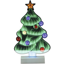 Sapin de Noël LED avec effet miroir infini, étoile et lumières colorées sur socle blanc.