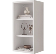 Étagère murale blanche ouverte avec trois compartiments, décorée d'un vase, de livres, d'une sculpture, de fleurs séchées et d'un bol en bois.