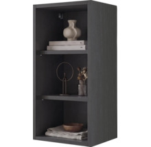 Étagère ouverte avec veinage bois anthracite, décorée de livres, de vases et d'un bol en bois.
