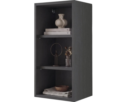 Étagère ouverte avec veinage bois anthracite, décorée de livres, de vases et d'un bol en bois.
