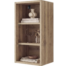 Étagère murale moderne en aspect bois avec trois compartiments, décorée d'un vase, de livres et d'une sculpture.