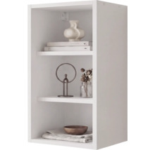 Étagère murale blanche avec trois compartiments ouverts, décorée d'un vase, de livres, d'une sculpture et d'un bol en bois.