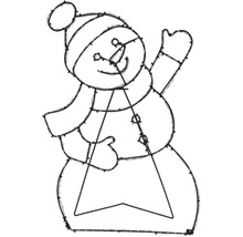 Figurine de Noël LED bonhomme de neige qui salue avec chapeau et écharpe, structure métallique avec guirlande lumineuse pour l'extérieur.