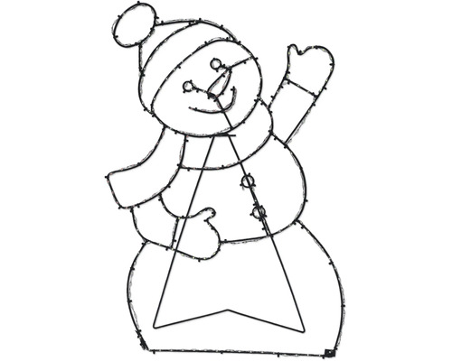 Figurine de Noël LED bonhomme de neige qui salue avec chapeau et écharpe, structure métallique avec guirlande lumineuse pour l'extérieur.