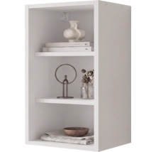 Étagère murale blanche à trois compartiments, décorée de livres, d'un vase, d'une sculpture en métal et d'un bol en bois.