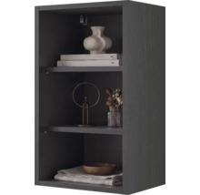 Étagère ouverte gris foncé avec texture bois et trois compartiments, décorée de livres, d'un vase et d'un bol.